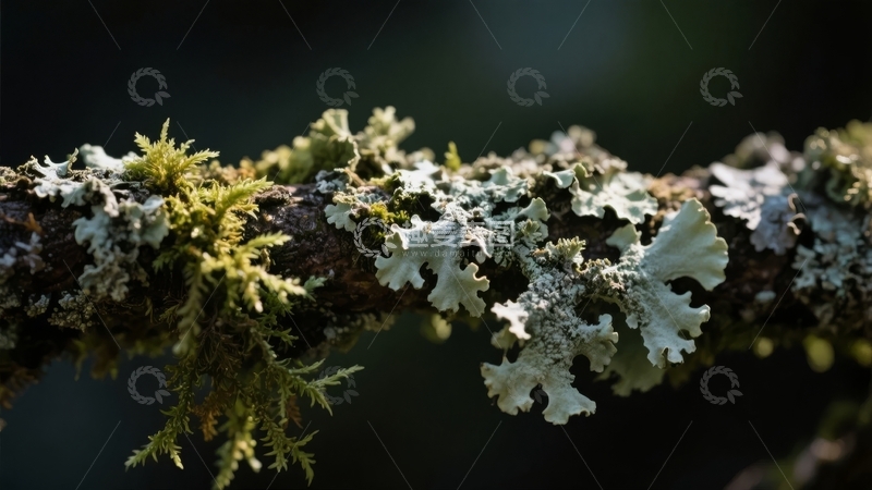 高清大图下载【趣麦麦图】树枝上覆盖着绿色和白色的地衣