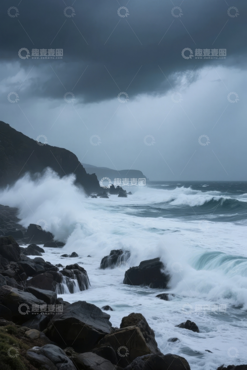 高清大图下载【趣麦麦图】暴风雨海岸岩石激浪拍打