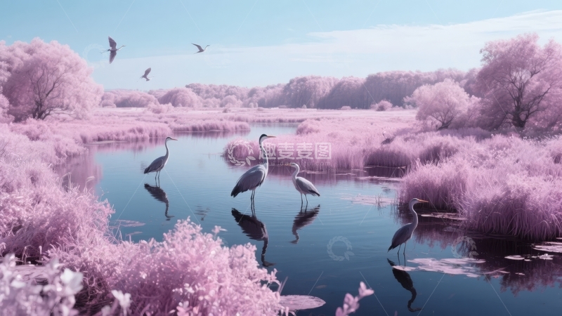 高清大图下载【趣麦麦图】-粉色调湿地中鹤群栖息与飞翔的宁静景象