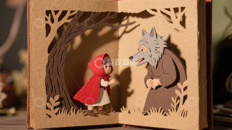 高清大图下载【趣麦麦图】立体纸雕艺术展现小红帽与狼的童话场景