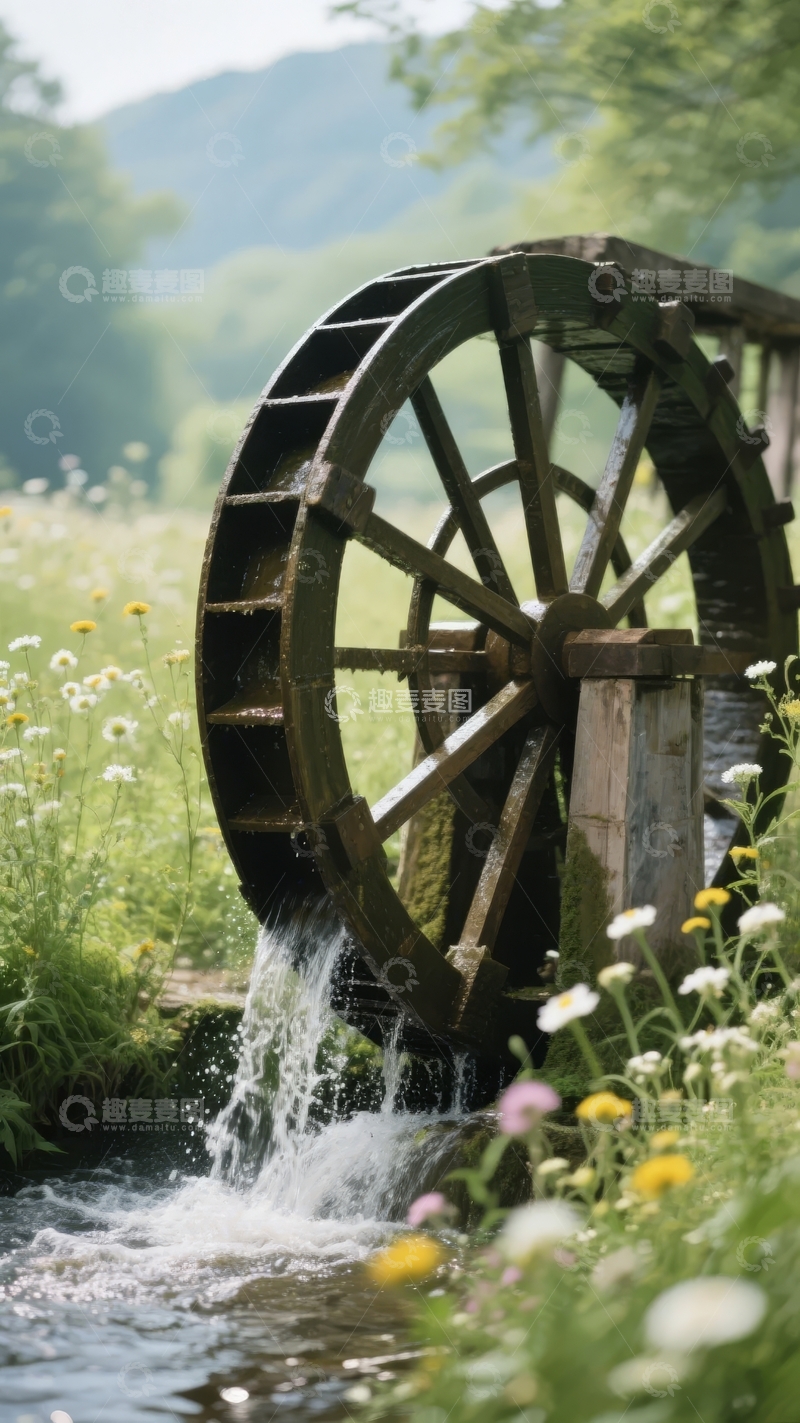 高清大图下载【趣麦麦图】乡村溪流旁的古老木制水车