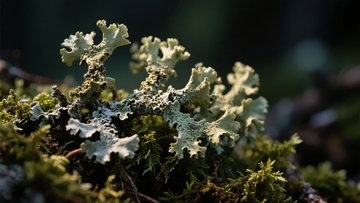 阳光下苔藓与地衣交织的自然特写