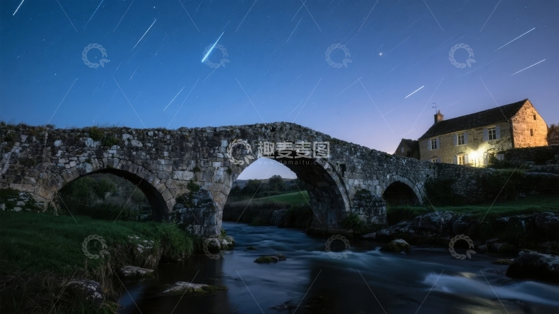 高清大图下载【趣麦麦图】夜晚石桥横跨河流旁的古老建筑