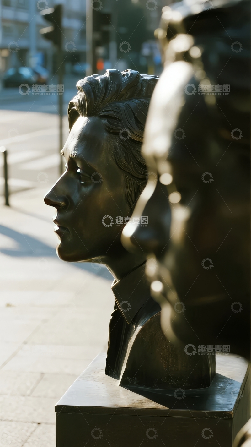 高清大图下载【趣麦麦图】-城市街道旁的青铜人物雕塑特写