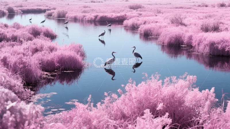 高清大图下载【趣麦麦图】粉红色植被与水鸟倒影的宁静湿地景观