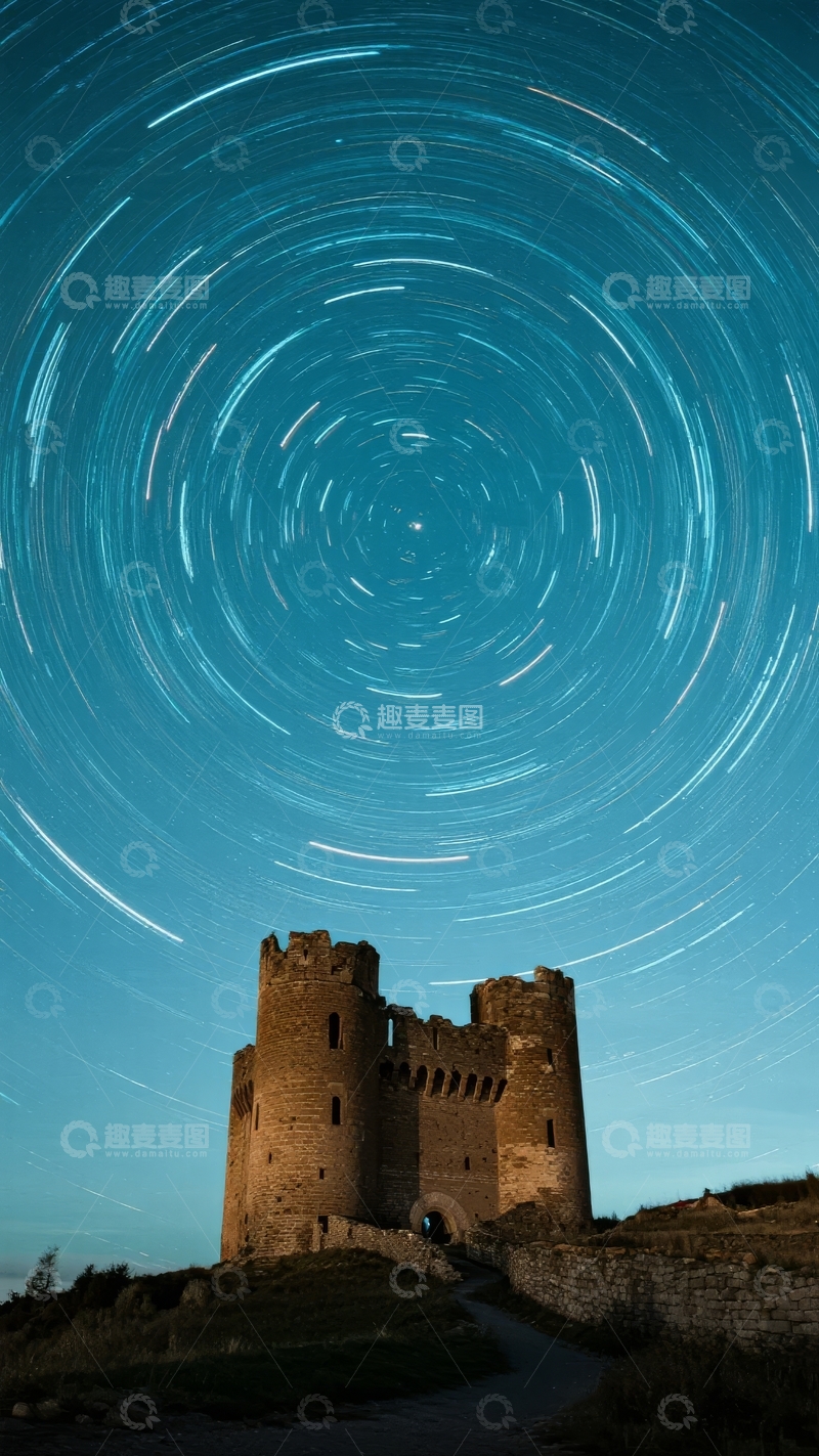高清大图下载【趣麦麦图】夜空下城堡与星轨交织的壮丽景象