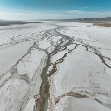 冰雪覆盖的河流蜿蜒穿过广阔平原