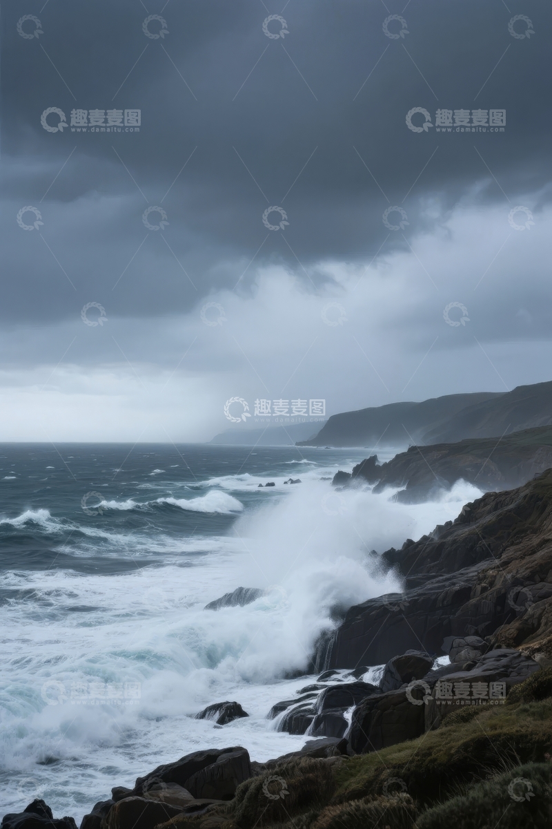 阴云密布海浪拍打岩石海岸的壮丽景象