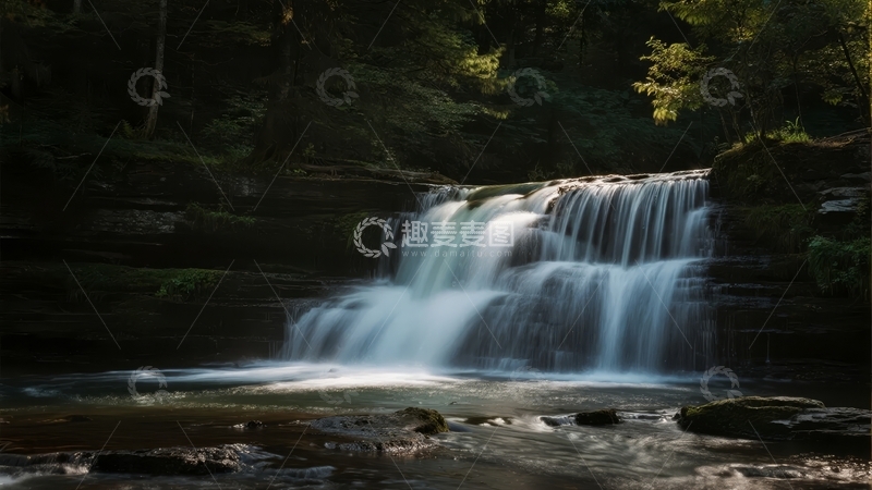 高清大图下载【趣麦麦图】瀑布在森林中流淌水流轻柔岩石环绕