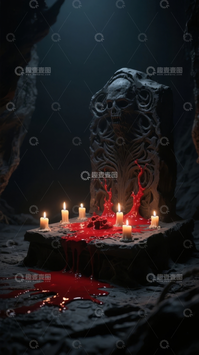 高清大图下载【趣麦麦图】黑暗洞穴中烛光与血迹环绕的神秘石像