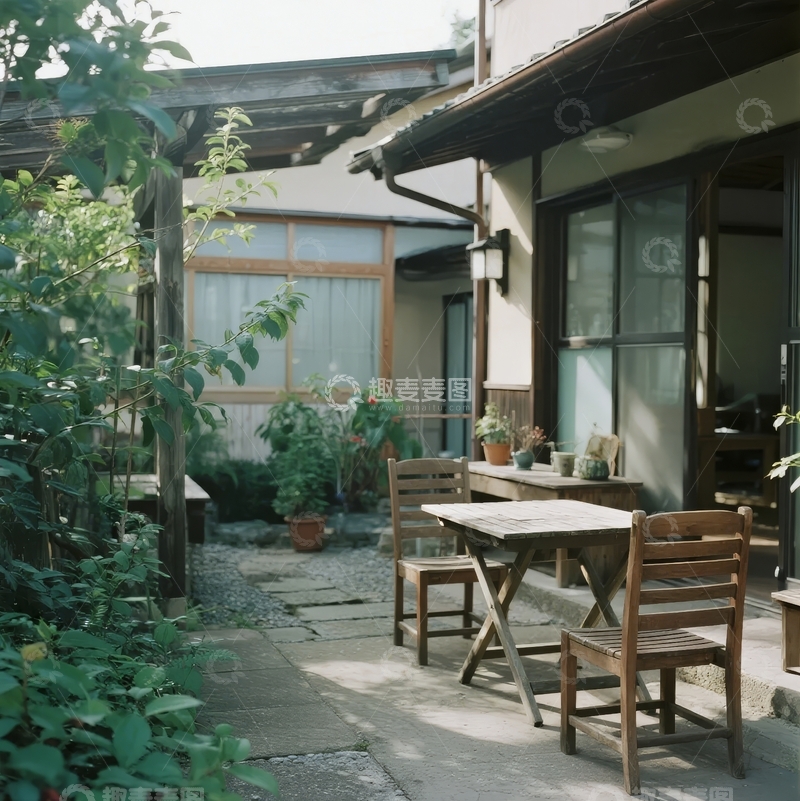 高清大图下载【趣麦麦图】日式庭院中的木质桌椅与绿植环绕的宁静角落