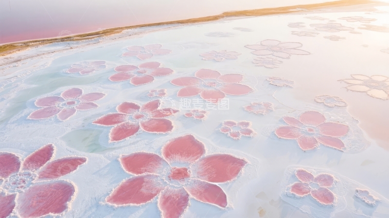 高清大图下载【趣麦麦图】盐湖表面结晶形成粉色花朵图案的航拍景象