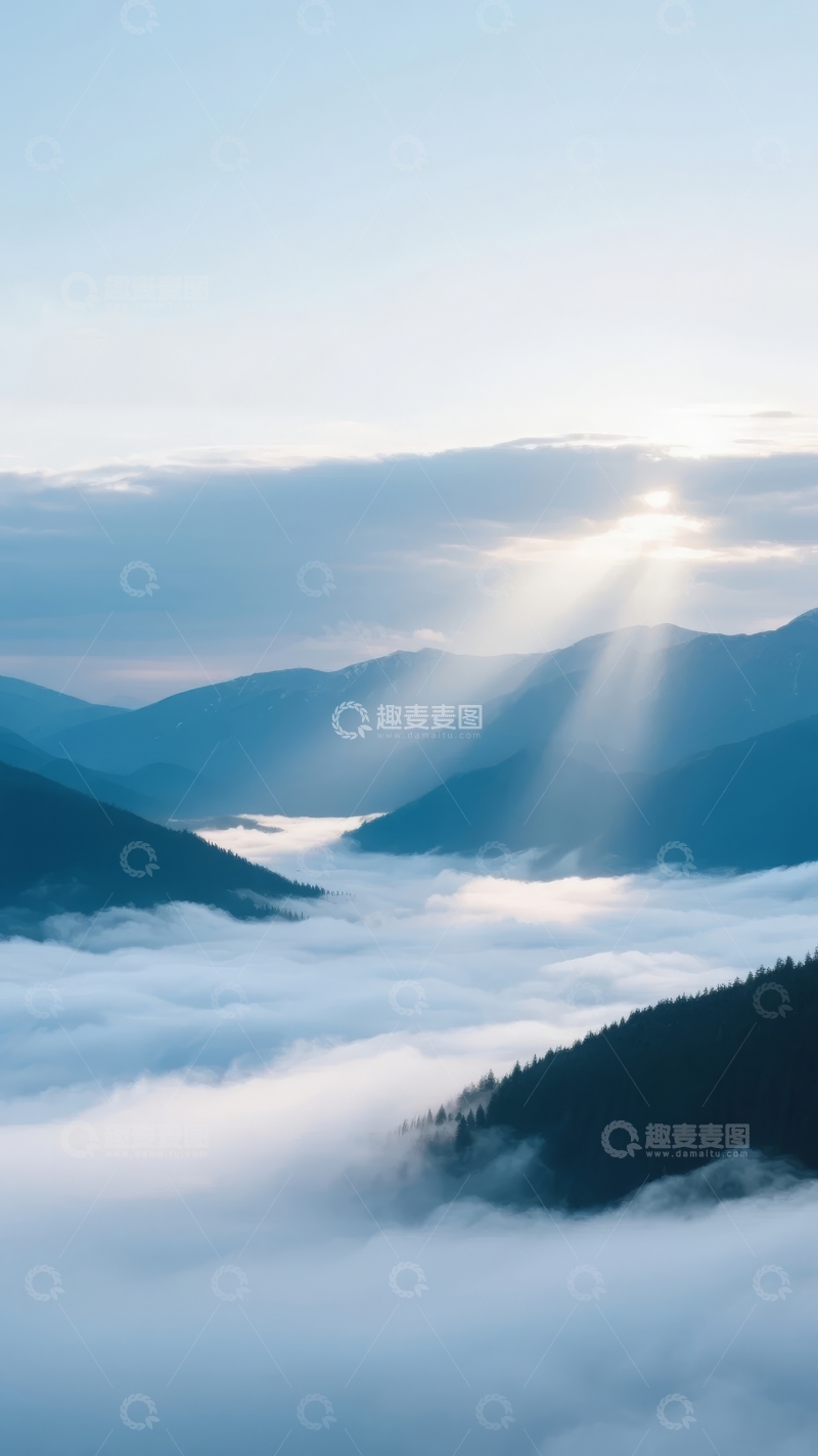 高清大图下载【趣麦麦图】日出时分云海缭绕山峦壮丽景象