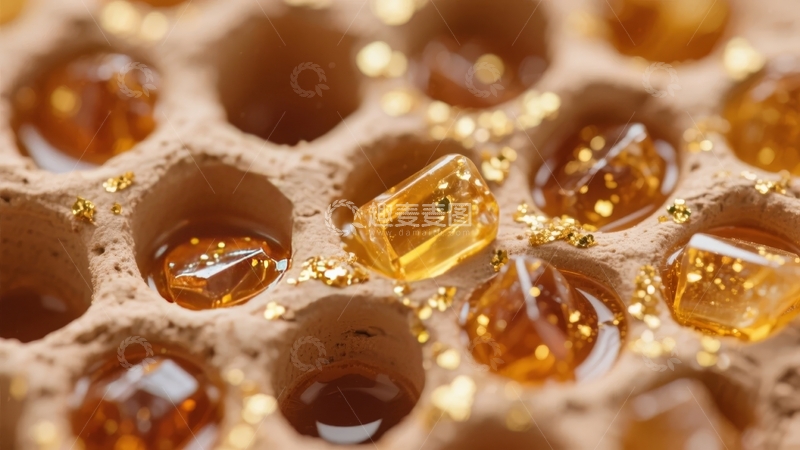高清大图下载【趣麦麦图】蜂巢中金黄色蜂蜜与结晶糖粒的特写