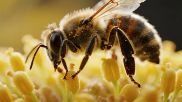 蜜蜂在黄色花朵上采集花蜜的特写镜头