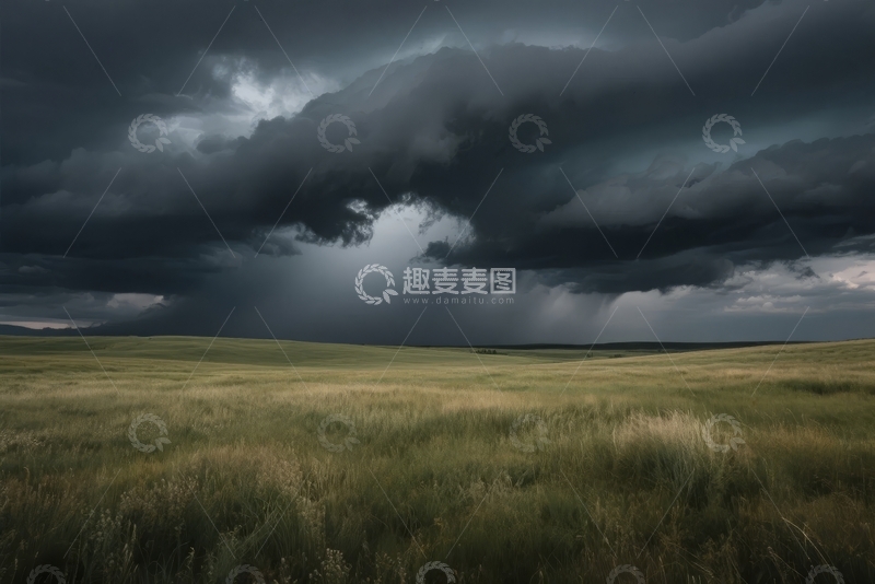 乌云密布的天空下广阔的绿色田野