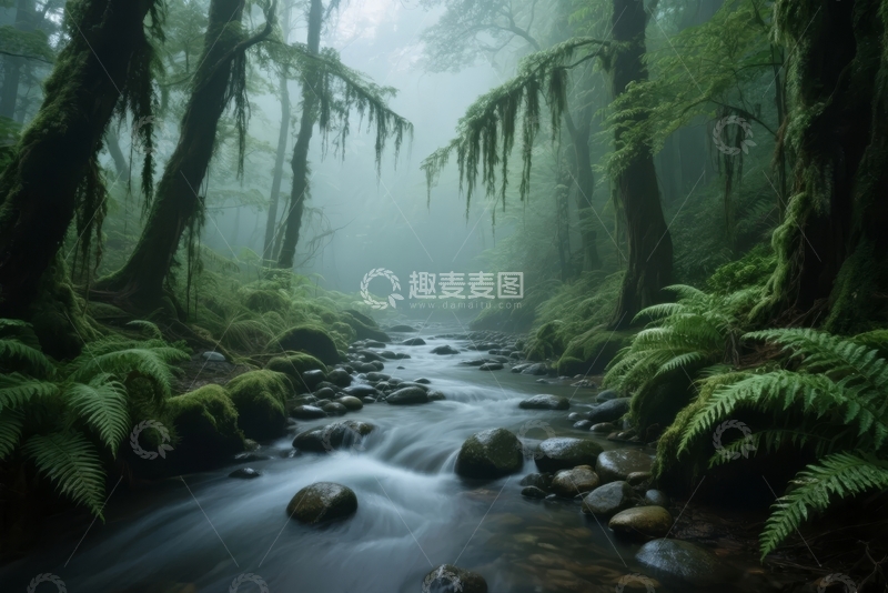 高清大图下载【趣麦麦图】雾气缭绕的森林溪流两旁长满苔藓和蕨类植物