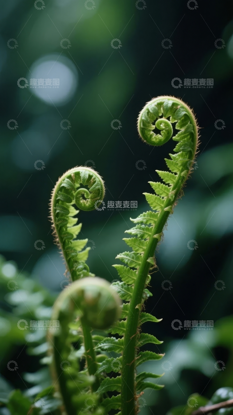 高清大图下载【趣麦麦图】两株卷曲的绿色蕨类植物在模糊背景中