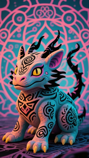 色彩斑斓的奇幻龙形雕塑背景为曼陀罗图案