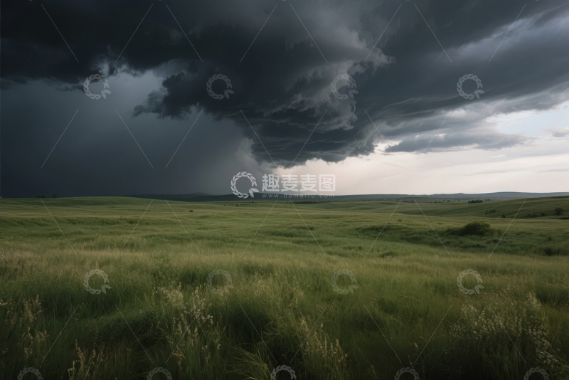 乌云密布下的广阔绿色草原景观