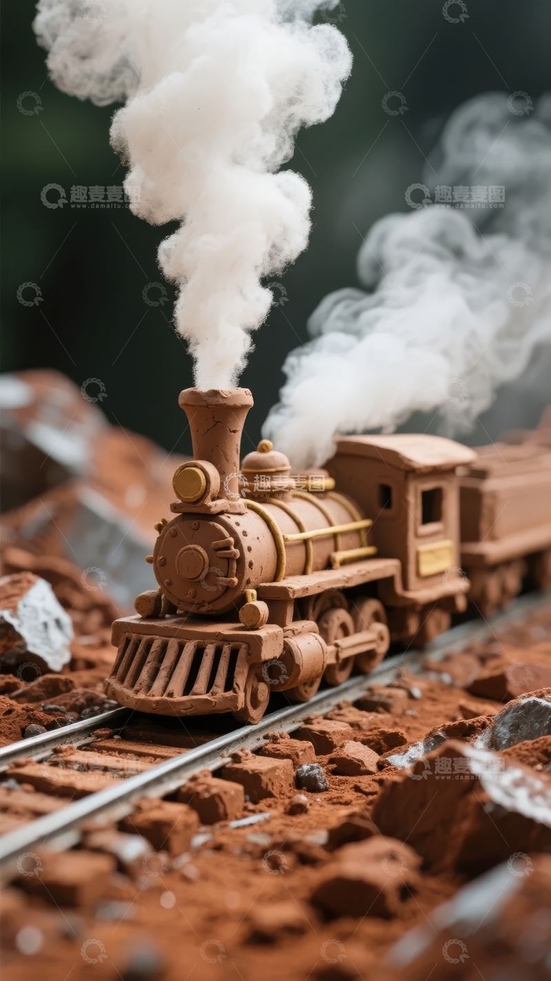 高清大图下载【趣麦麦图】蒸汽火车模型在轨道上行驶并冒出白烟