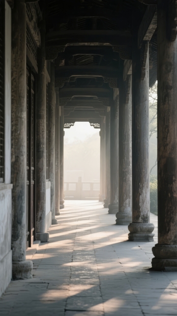 古建筑长廊光影交错静谧深远