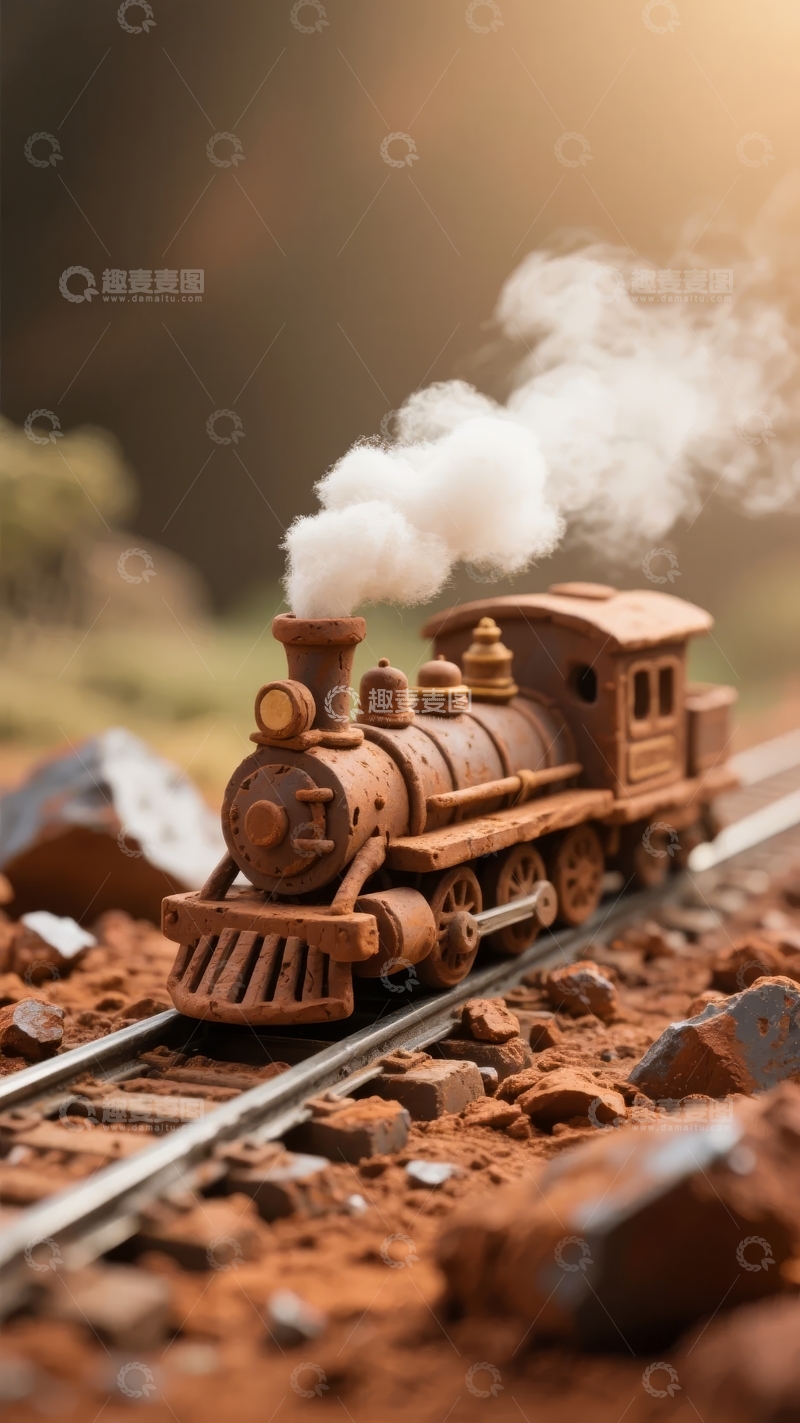 高清大图下载【趣麦麦图】蒸汽火车模型在轨道上喷出白色烟雾