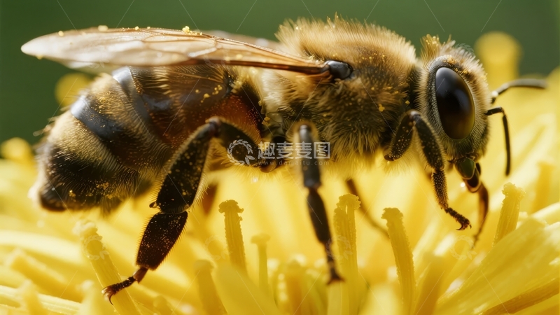 蜜蜂在黄色花朵上采集花粉的特写镜头