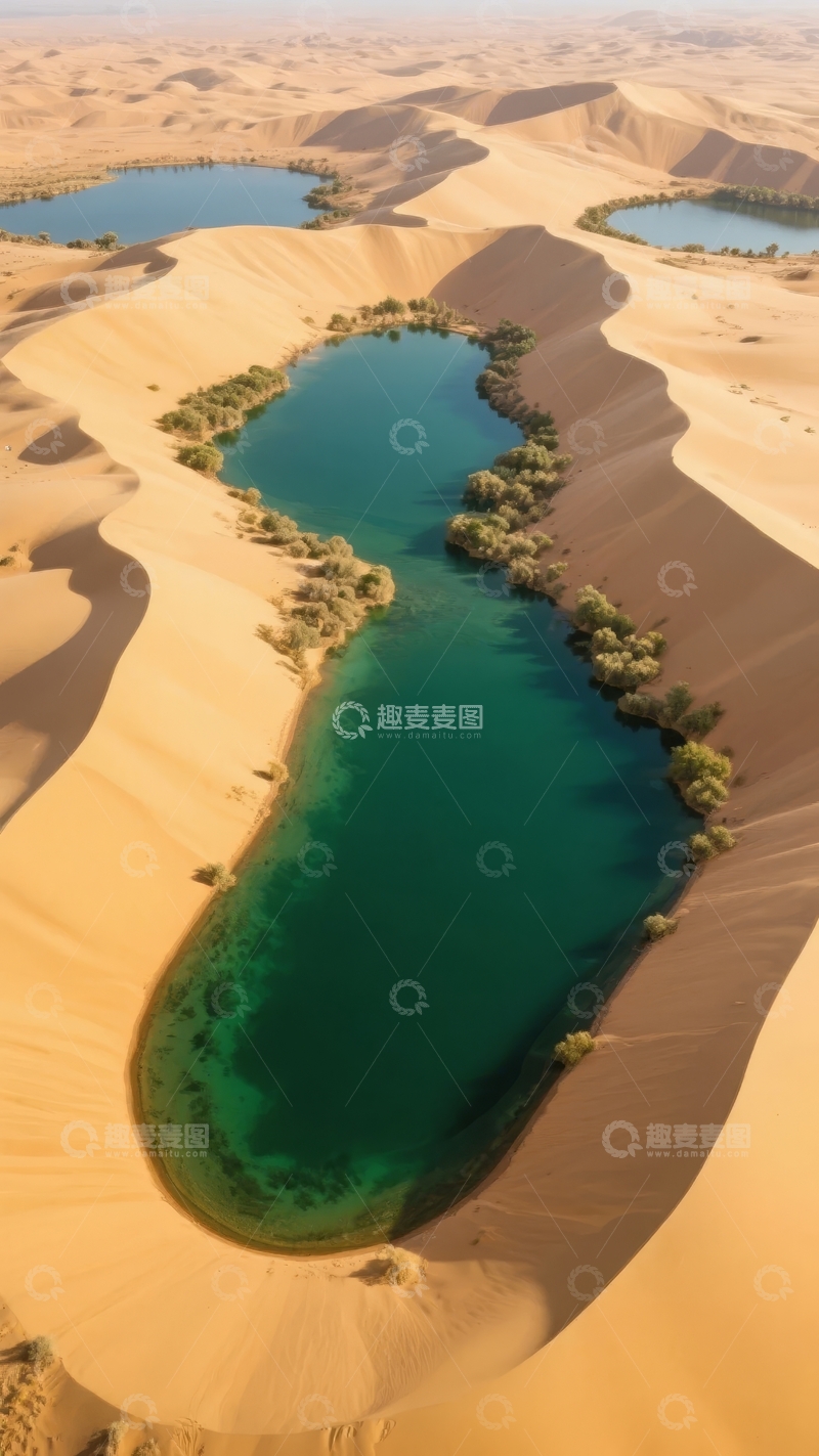 高清大图下载【趣麦麦图】沙漠中蜿蜒的碧绿湖泊与沙丘景观