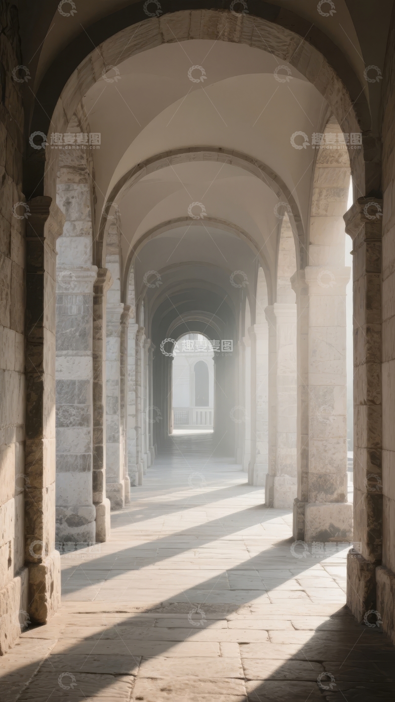 高清大图下载【趣麦麦图】拱廊长廊光影交错延伸至远方