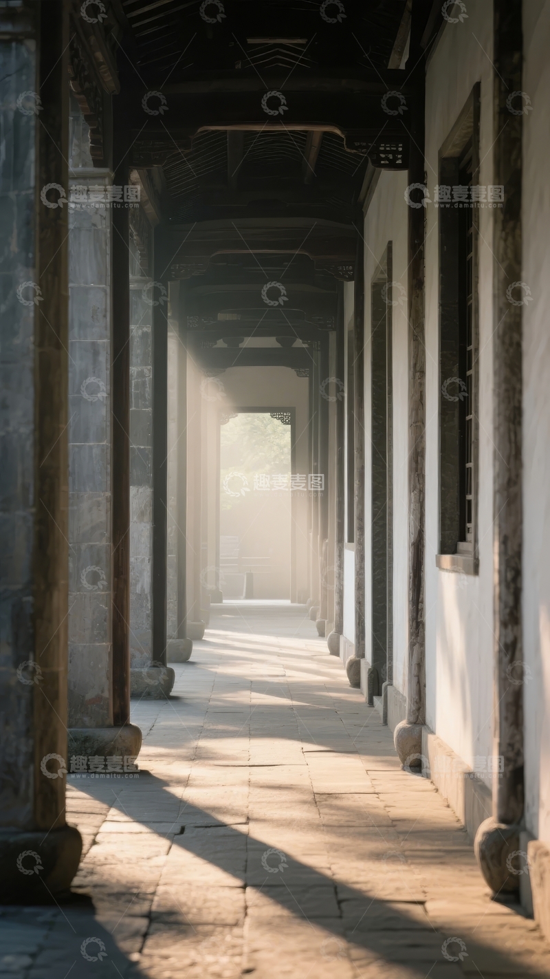 高清大图下载【趣麦麦图】古建筑长廊光影交错静谧深远