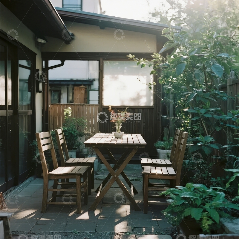 高清大图下载【趣麦麦图】庭院中的木质桌椅与绿植装饰