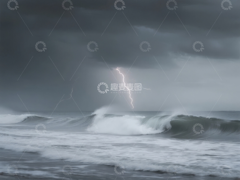 高清大图下载【趣麦麦图】暴风雨海面闪电划破阴云