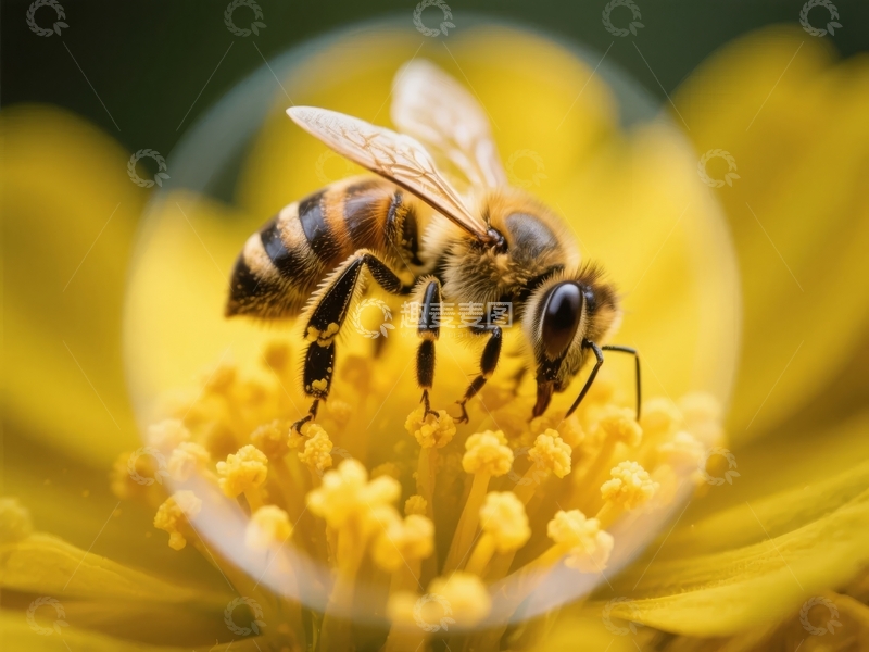 高清大图下载【趣麦麦图】蜜蜂在黄色花朵上采集花蜜被泡泡环绕