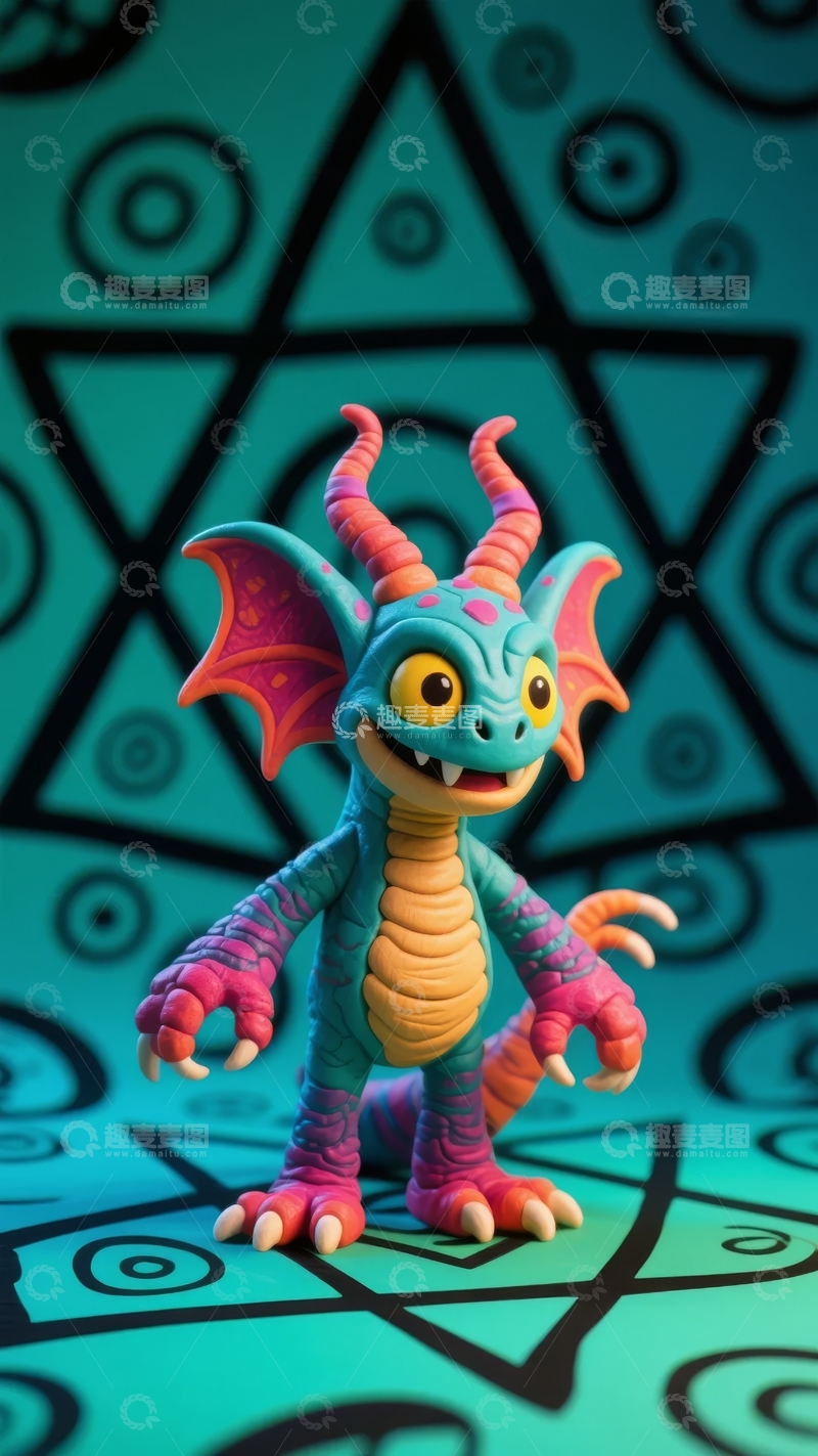 高清大图下载【趣麦麦图】色彩斑斓的卡通小龙站在几何图案背景前