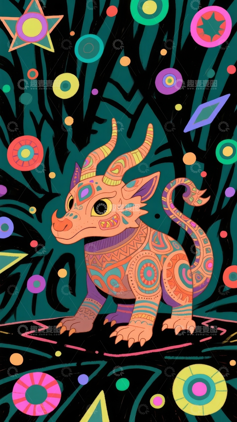 高清大图下载【趣麦麦图】色彩斑斓的奇幻小龙在充满几何图案的神秘背景中