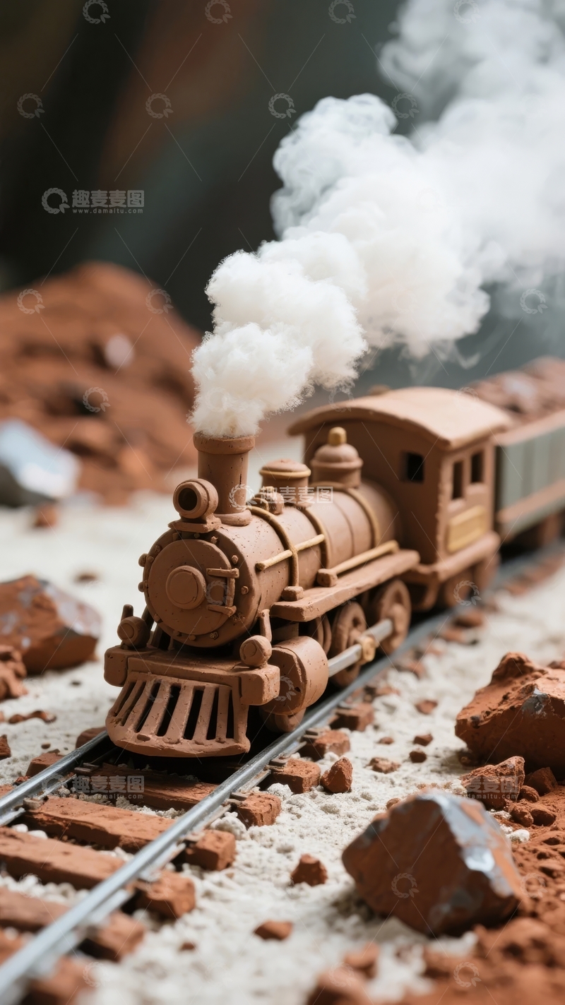 高清大图下载【趣麦麦图】蒸汽火车模型在巧克力碎屑轨道上行驶