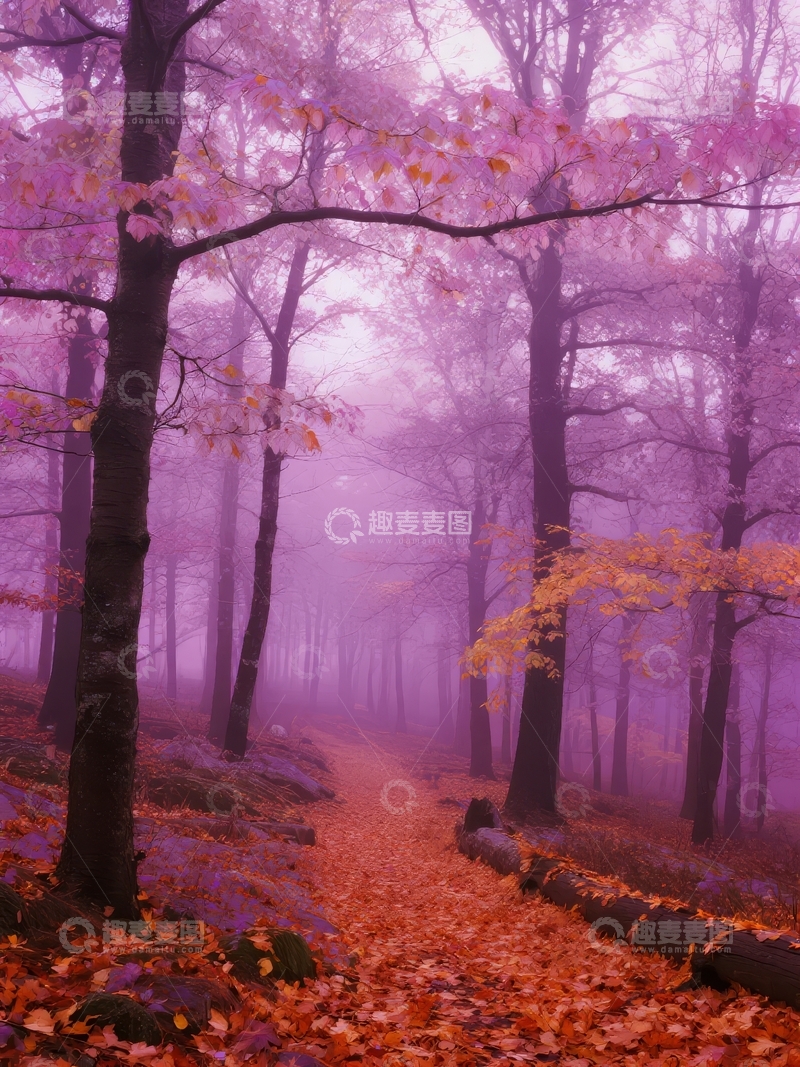 高清大图下载【趣麦麦图】雾气弥漫的秋日林间小径铺满落叶
