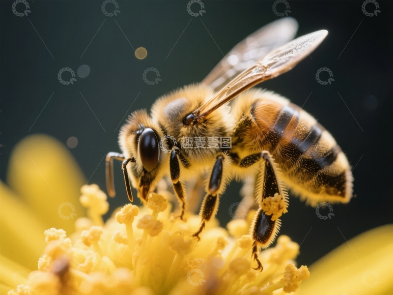 高清大图下载【趣麦麦图】蜜蜂在黄色花朵上采集花蜜的特写镜头