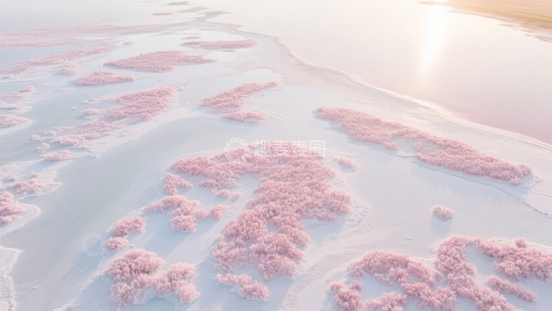 高清大图下载【趣麦麦图】日落时分盐湖上粉红色藻类与白色盐滩交织的航拍景象