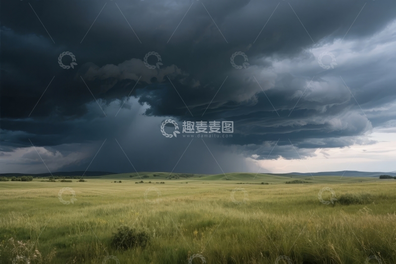 乌云密布的天空下广阔的绿色草原景象