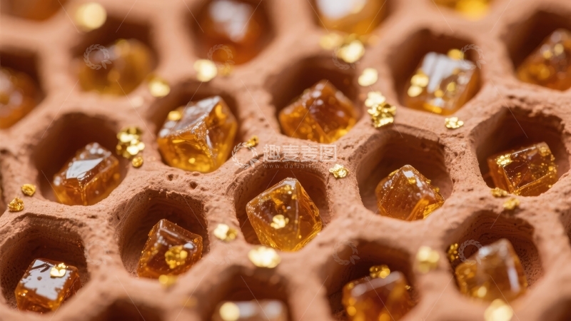 高清大图下载【趣麦麦图】蜂巢状结构中嵌入的金黄色晶体与闪光颗粒