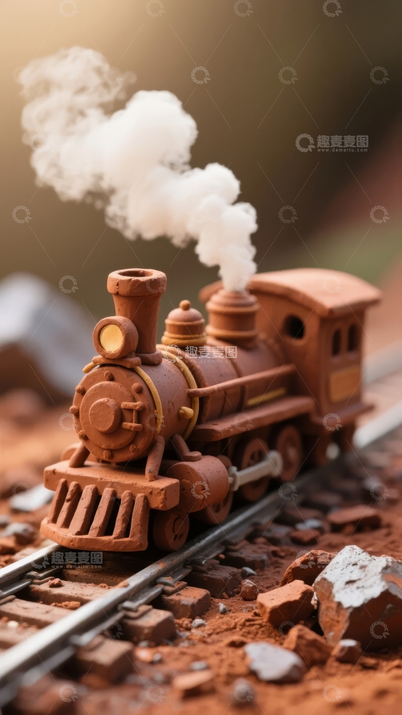 高清大图下载【趣麦麦图】蒸汽火车模型在轨道上喷出白色烟雾