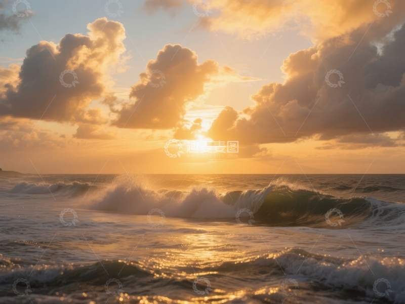 高清大图下载【趣麦麦图】日落时分海浪翻涌云层映霞光