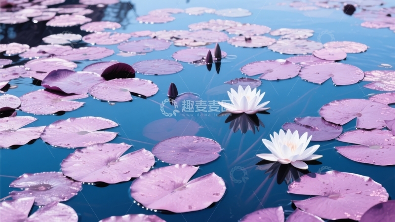 高清大图下载【趣麦麦图】池塘中盛开的白色睡莲与紫色荷叶相映成趣