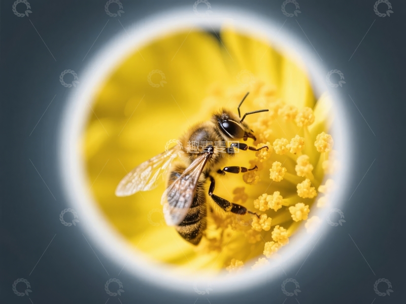 蜜蜂在黄色花朵上采集花粉的特写镜头