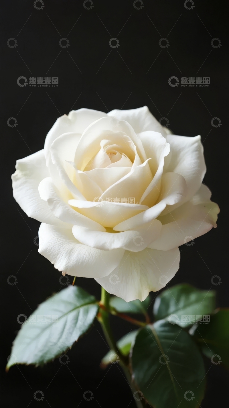高清大图下载【趣麦麦图】一朵盛开的白色玫瑰在黑色背景下的特写