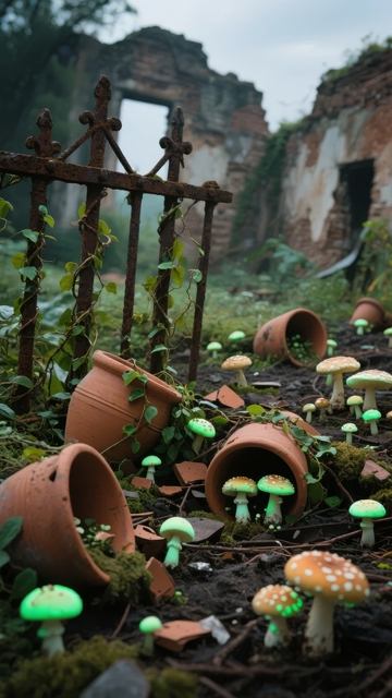 废弃建筑前的蘑菇与铁栅栏