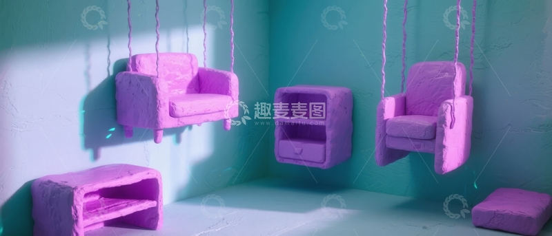 高清大图下载【趣麦麦图】紫色家具摆放在蓝色墙壁的房间内
