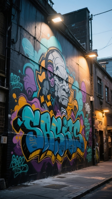 夜晚灯光下的城市墙面涂鸦艺术